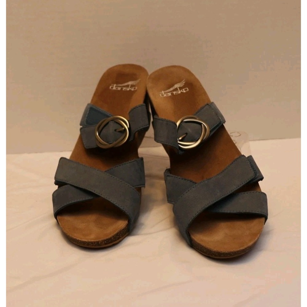 Dansko Wedge Sandals EUC Blue Suede Strappy Adjustable Buckle Cork Sole SZ 41 - Picture 2 of 7